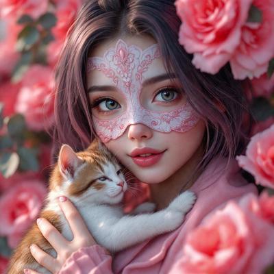 The primary subject of the image is a woman wearing a mask and holding a cat. The woman is wearing a pink shirt and is surrounded by a beautiful pink flower background. The setting appears to be a garden or an outdoor location with a focus on the woman and the cat. The visual style of the image is a combination of a photo and digital art, creating a unique and artistic representation of the scene. The dominant colors in the image are pink and white, giving the scene a warm and inviting atmosphere.